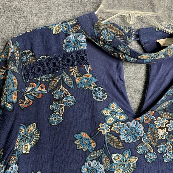 Altar’d State A Line Dress M Boho Blue Floral Bell Sleeves Crochet Cut Out Neck - Picture 3 of 16